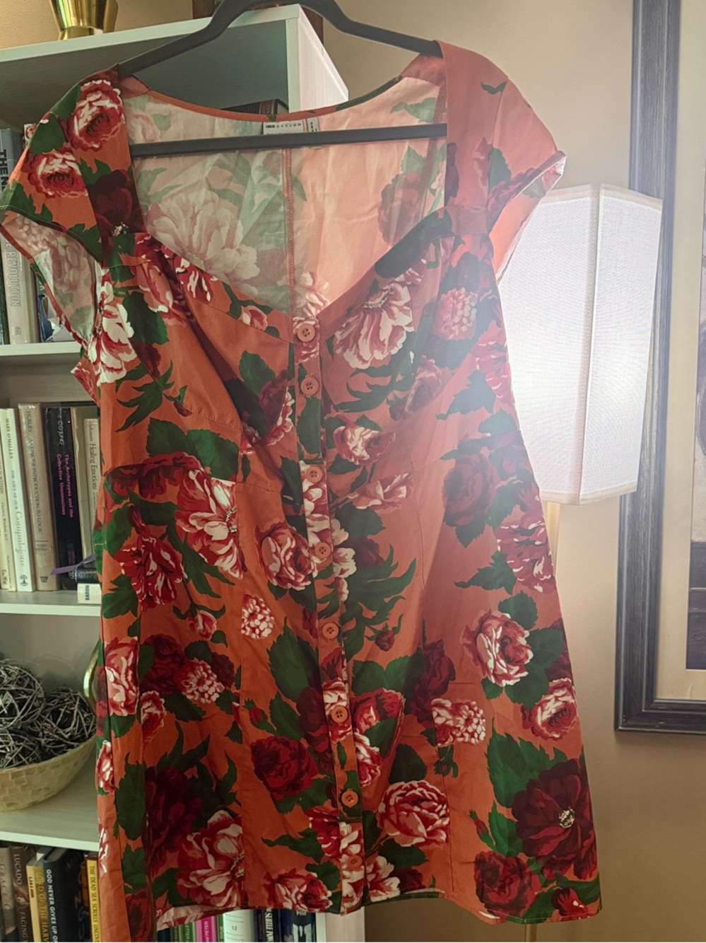 ASOS Orange Floral Button-Front Midi Dress with Red & Green Print